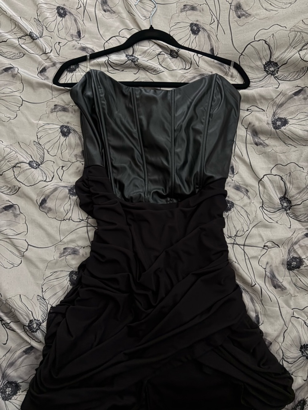 Fashion Nova Black Strapless Faux Leather Bustier Ruched Dress